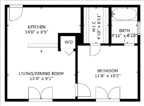 Floor plan for 1 bed, 1 bath, 438 sqft